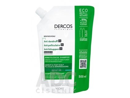 VICHY DERCOS ANTI-DANDRUFF DS GREASY šampón proti lupinám, normálne až mastné vlasy, náplň v ekologickom balení 1x500 ml