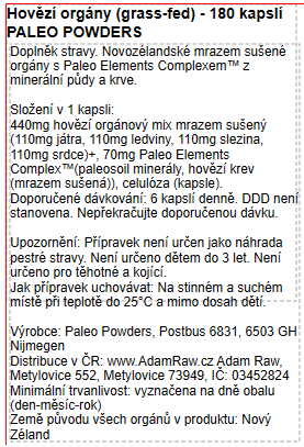 Etiketa hovězí orgány