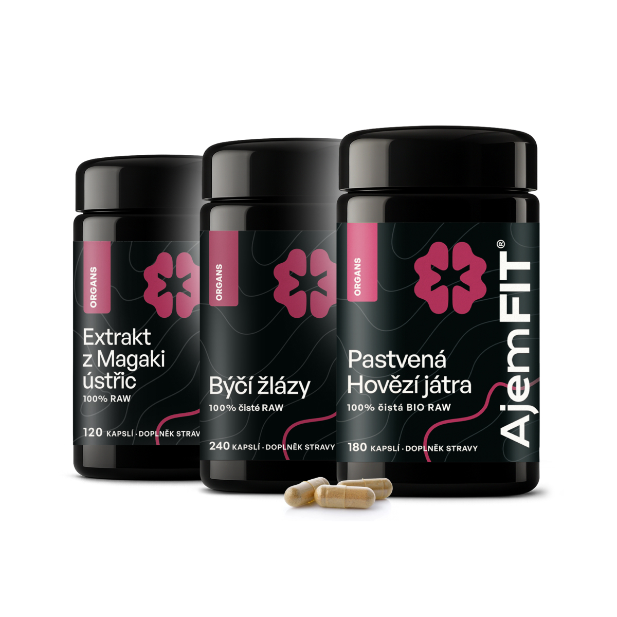 AjemFIT Balíček pro Špičkový Výkon - 100% ČISTÉ RAW BÝČÍ ŽLÁZY - 80/240 kapslí (28g/84g) + 100% ČISTÁ BIO RAW HOVĚZÍ JÁTRA - 60/180 kapslí (30g/90g) + 100% ČISTÝ EXTRAKT Z ÚSTŘIC MAGAKI (Japonsko) - 120 kapslí (36g)