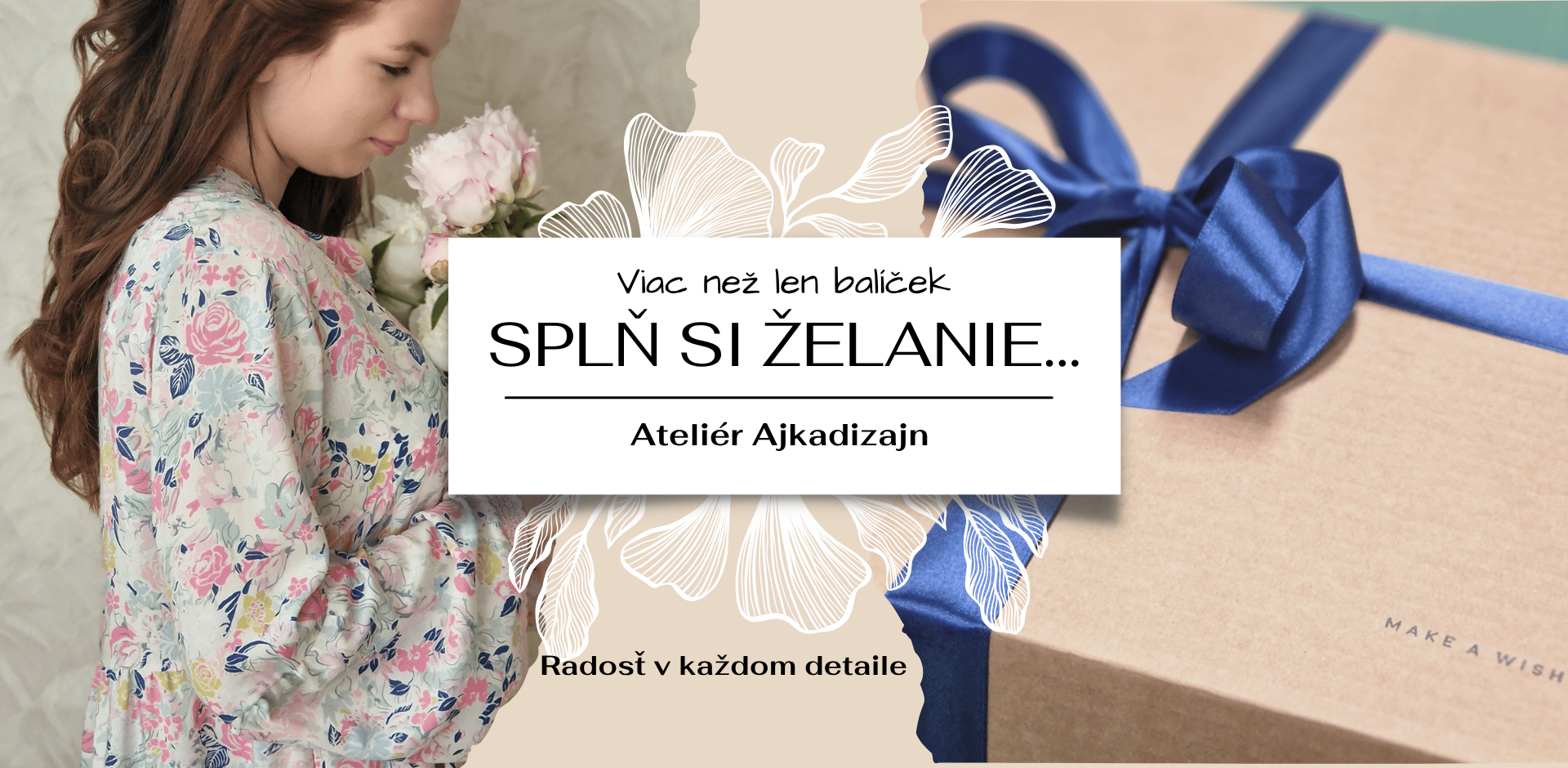 Udržateľné darčekové balenie autorského oblečenia s nápisom Make a wish a modrou stuhou a viskózová tunika od ajkadizajn