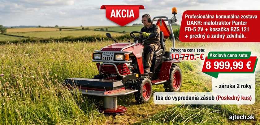 Profesionálna komunálna zostava DAKR: Malotraktor Panter FD-5 2V + kosačka RZS 121 + nosič PN1