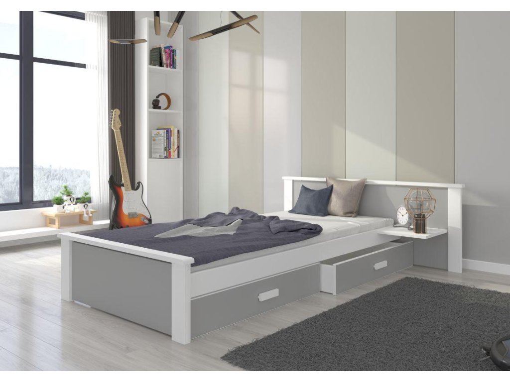 Postel s matrací a poličkou ALDEX - Bílá / Šedá - 90x200cm