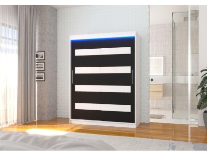 Posuvná skříň s lacobely a LED osvětlením MARTINEZ - Bílá / Černá / Bílý lesk - šířka 150cm