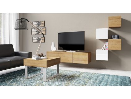 Obývací stěna CALABRINI XV - Dub zlatý / Bílá lesk