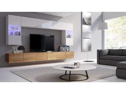 Obývací stěna CALABRINI XVIII - Bílá / Zlatý dub