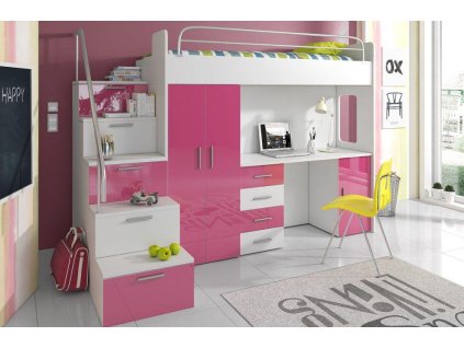 Patrová postel RÁJ 4S - Bílá/Růžový lesk - komplet