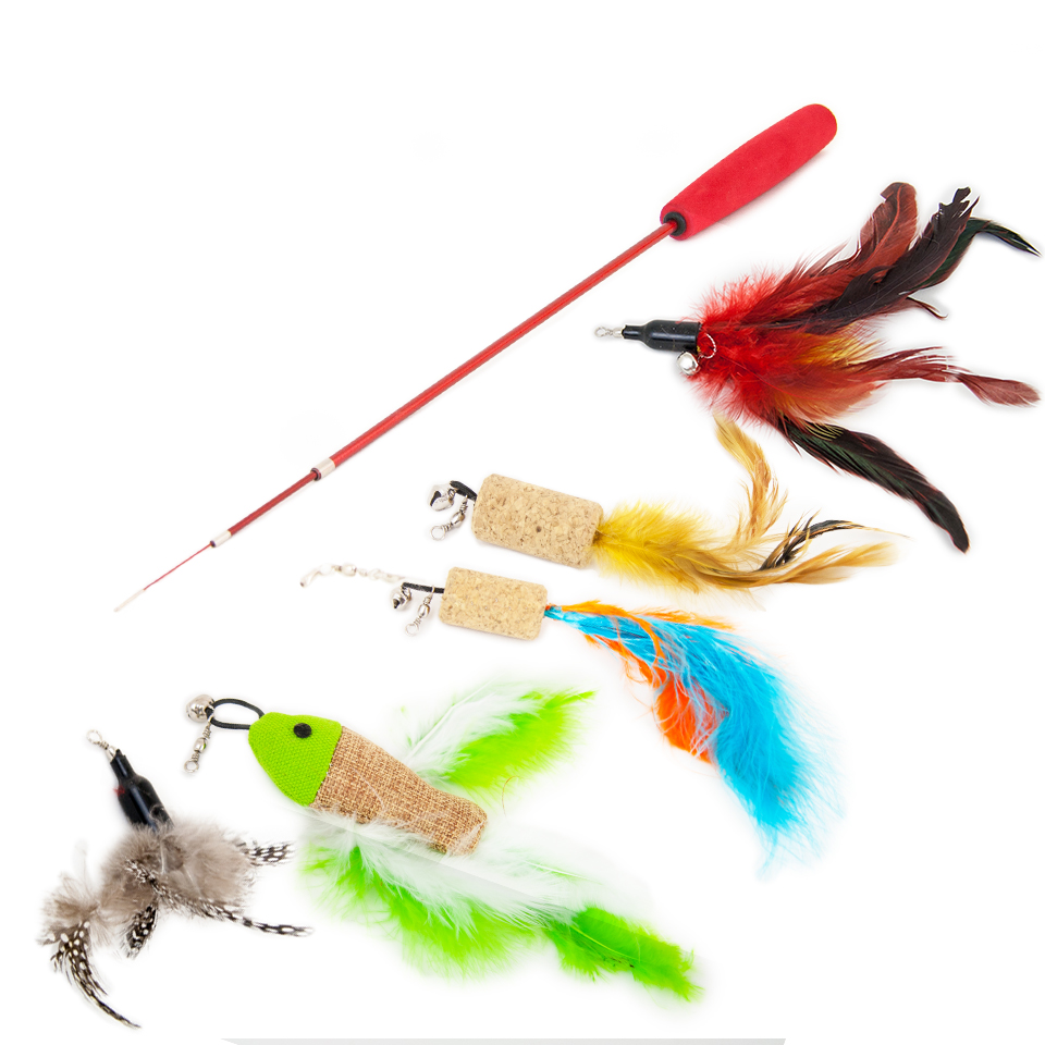 Akinu udice pro kočky s pírky set barevný s korkem 90cm