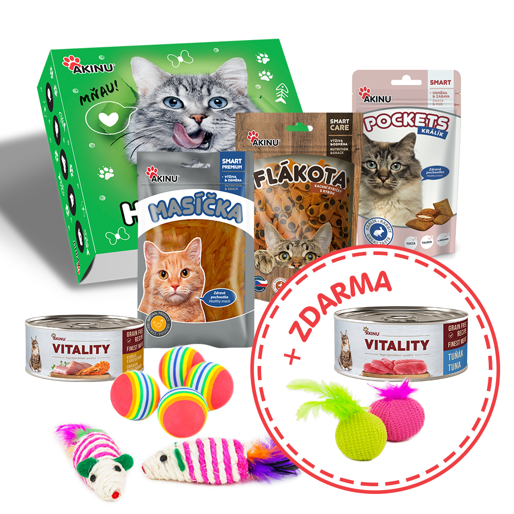 Akinu HAPPY BOX Pamlsky, krmivo a hračky pro kočky