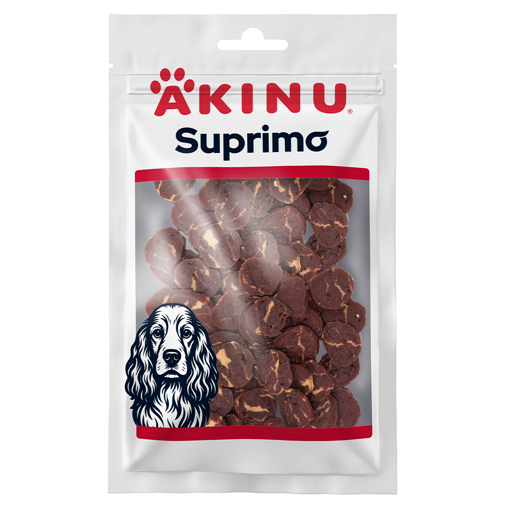 Akinu SUPRIMO Hovězí s kuřecí chrupavkou mini steak pamlsek pro psy 75 g