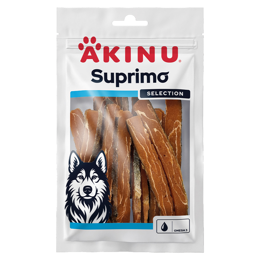 Akinu SUPRIMO SELECTION Losos kousky s kůží pamlsek pro psy mramorovaný 75 g