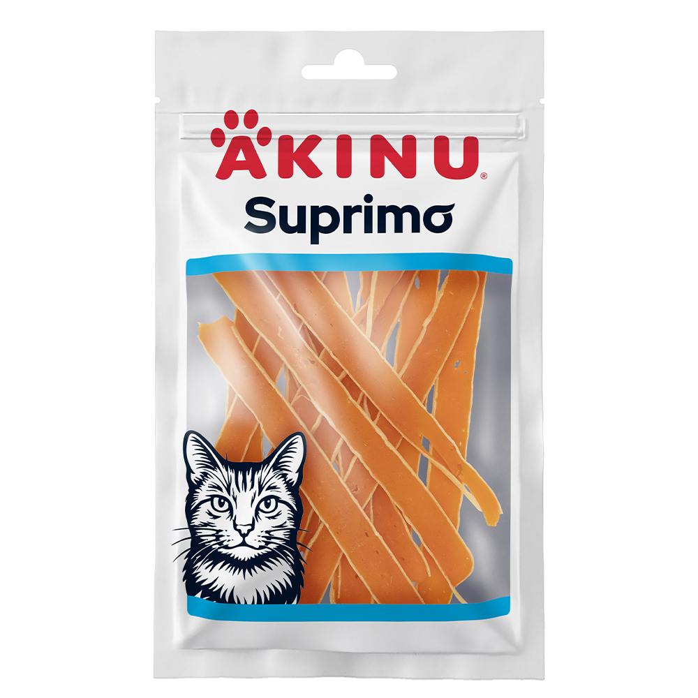 Akinu SUPRIMO Losos s treskou mini proužky pamlsek pro kočky 50 g