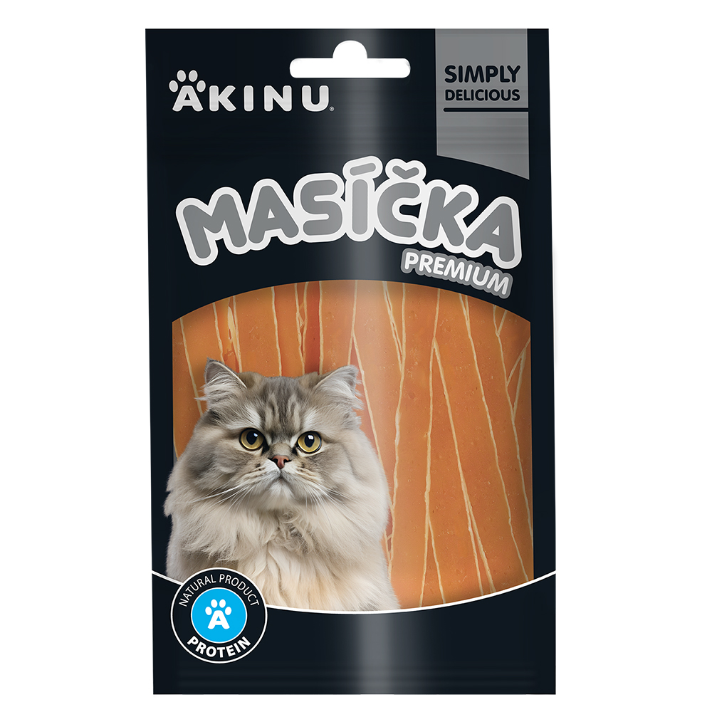 Akinu MASÍČKA PREMIUM Losos s treskou mini proužky pamlsek pro kočky 50 g