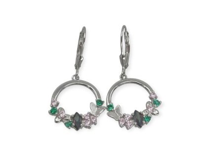 Stříbrné visací kruhy s motýlky – krajkové osazení v zelené, růžové a fialové, čiré zirkony, rhodiovaný lesk, pevná klapka.