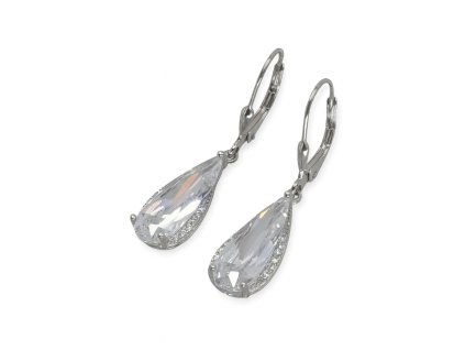 Stříbrné visací náušnice kapka se zirkony – bezpečné klapkové zapínání, Ag 925.