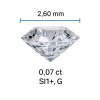 Detailní produktová fotografie přírodního diamantu 2,6 mm (0.07 ct, SI1+, G) na bílém pozadí, zdůrazňující jeho brilantní brus a čistý třpyt.