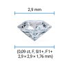 Technický obrázek přírodního diamantu 2,9 mm (0.09 ct, F, SI1+), s uvedenými rozměry a parametry.