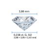 Technická fotografie přírodního diamantu 0,238 ct (G, SI2) s briliantovým brusem a vyznačenými rozměry 3,88 × 3,85 × 2,43 mm pro jasnou představu o velikosti a proporcích kamene.