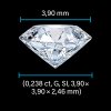 Technický obrázek přírodního diamantu 0,238 ct (G, SI) v briliantovém brusu Round Brilliant, se zvýrazněnými rozměry 3,90 × 3,88 × 2,46 mm. Ideální pro přesnou představu o velikosti a proporcích kamene.
