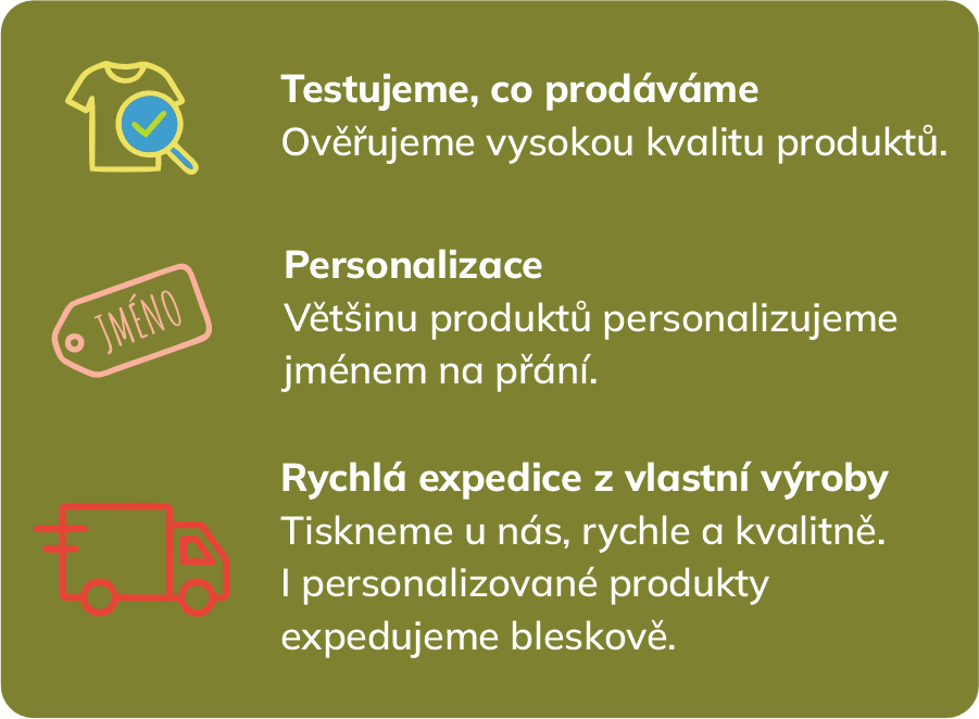 Banner se třemi hlavními výhodami e-shopu – testování kvality, personalizace produktů a rychlá expedice z vlastní výroby.
