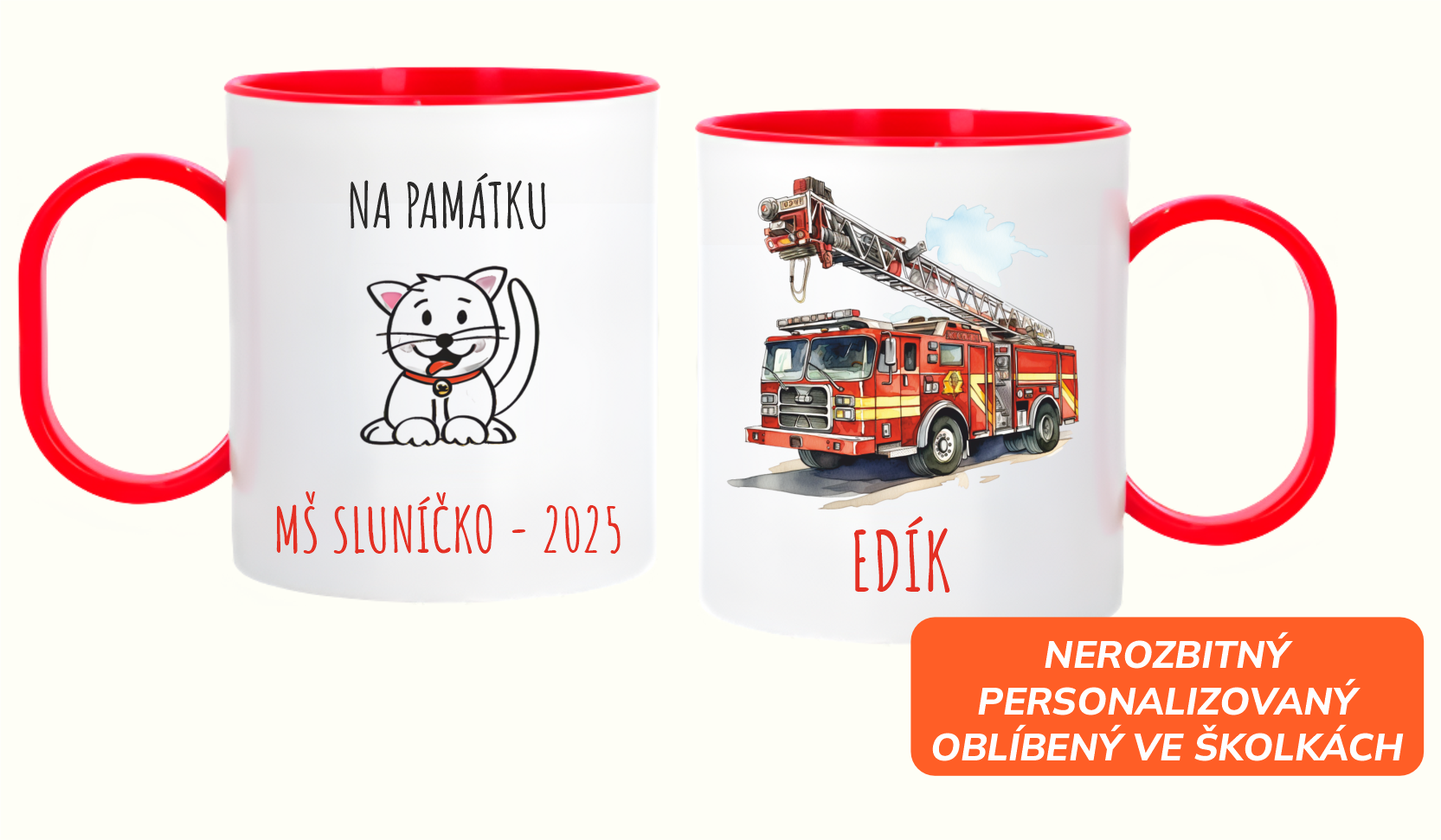 Personalizované dětské hrníčky s motivem kočky a hasičského auta – se jménem dítěte, vhodné jako nerozbitný dárek pro předškoláky