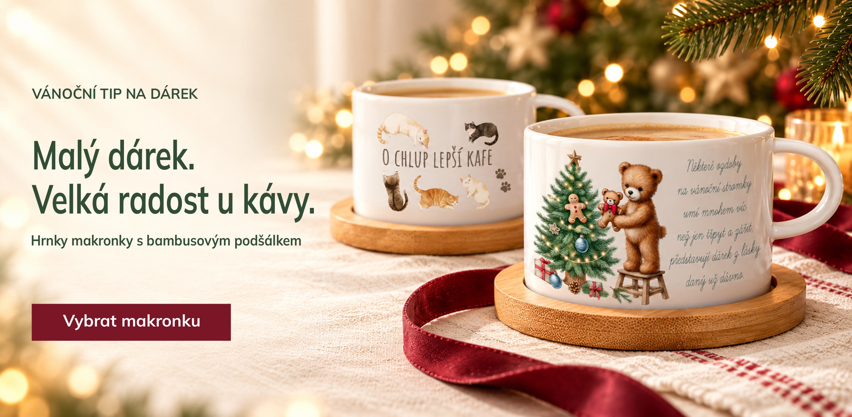 Vyberte si hrnek makronku – vánoční a kočičí motivy s bambusovým podšálkem