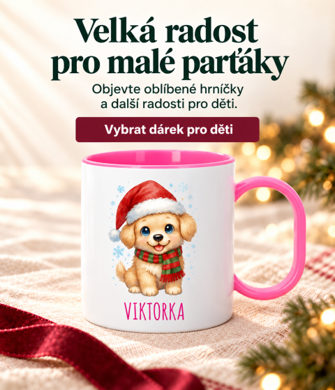 Oblíbené produkty pro děti – růžový hrnek s vánočním pejskem a jménem Viktorka