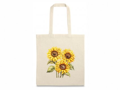 100% bavlněná ekologická taška s uchy a živým potiskem slunečnic, ideální pro milovníky přírody a udržitelné módy.