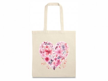 Bavlněná taška s uchy, ozdobená jemným květinovým srdcem v pastelových barvách, ideální pro romantické duše a ekologicky uvědomělé spotřebitele.