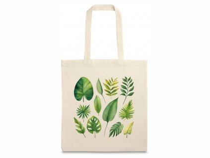 Udržitelná bavlněná taška s potiskem tropických listů, kombinující funkčnost a módní elegance pro každodenní použití.