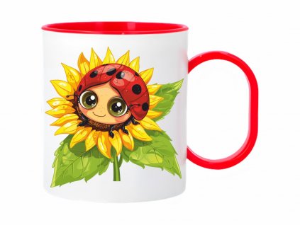 Červený plastový hrnek pro děti s motivem berušky, objem 300ml, bezpečný a odolný