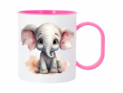 Růžový dětský plastový hrnek s obrázkem slůněte, 300 ml, od Akvarela Design – sladký a praktický pro malé dobrodruhy.