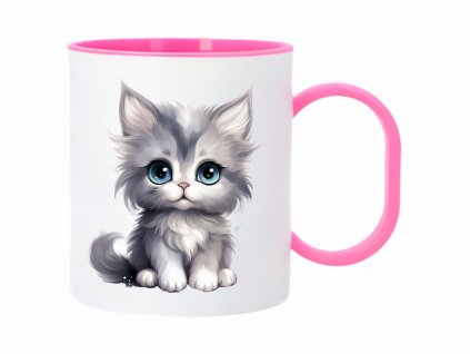 Dětský růžový plastový hrnek s obrazem roztomilé kočičky, 300 ml, od Akvarela Design - ideální pro každé jídlo a pití.