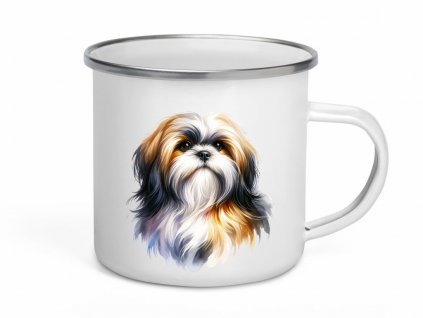 Smaltovaný plecháček s bílým povrchem a akvarelovým portrétem Shih-tzu, nabízí krásný a praktický doplněk pro každého milovníka psů.