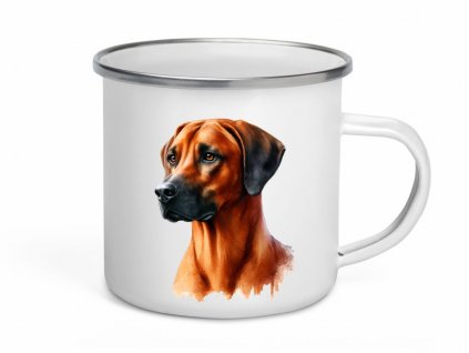 Smaltovaný plecháček s bílým povrchem a uměleckým portrétem Rhodéského ridgebacka, ideální pro sběratele a příznivce této plemene.