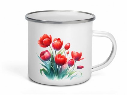 Smaltovaný plecháček s potiskem akvarelových tulipánů v červených a růžových odstínech na bílém pozadí, perfektní pro každodenní používání.