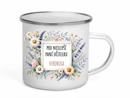 Smaltovaný plecháček s květinovým motivem a nápisem "Pro nejlepší paní učitelku" (350 ml)