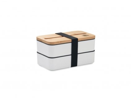 Bílý box na svačinu z recyklovaného plastu s bambusovým víkem a elastickým páskem.