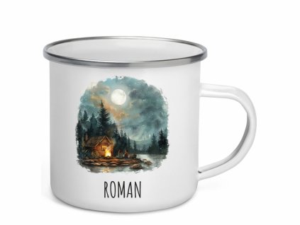 Smaltovaný plecháček s akvarelovým motivem chaty u jezera a táborového ohně pod měsíční oblohou, personalizovaný jménem.