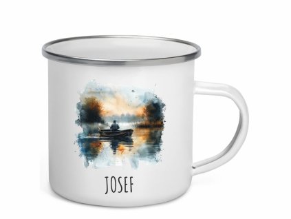 Smaltovaný plecháček s akvarelovým motivem rybáře na loďce uprostřed jezera, personalizovaný jménem.