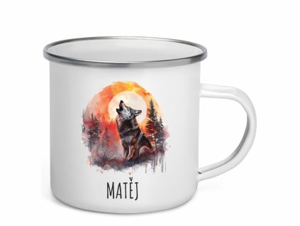 Smaltovaný plecháček s akvarelovým motivem vlka vyjícího na měsíc pod úplňkem, personalizovaný jménem.