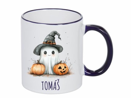 Keramický hrnek 325 ml s akvarelovým motivem ducha v kouzelnickém klobouku a dvěma dýněmi z Halloween edice.
