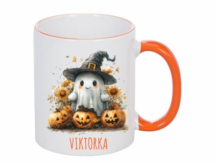 Keramický hrnek 325 ml s akvarelovým motivem ducha, dýní a slunečnic z Halloween edice.