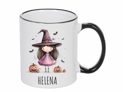 Keramický hrnek 325 ml s akvarelovým motivem roztomilé čarodějnice, dýní a netopýrů z Halloween edice.ějnice a dýně Černý