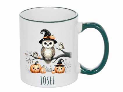 Keramický hrnek 325 ml s akvarelovým motivem sov v kouzelnických kloboucích, sedících na větvi s dýněmi z Halloween edice..