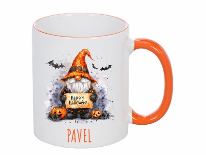 Keramický hrnek 325 ml s akvarelovým motivem trpaslíka v kouzelnickém klobouku, dýněmi a netopýry z Halloween edice.