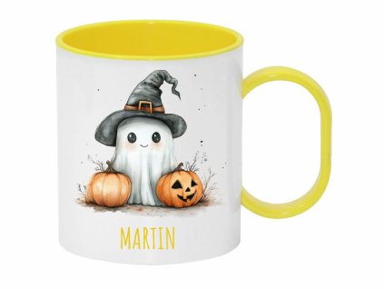 Plastový hrnek s motivem ducha v kouzelnickém klobouku a dvěma dýněmi, Halloween edice.