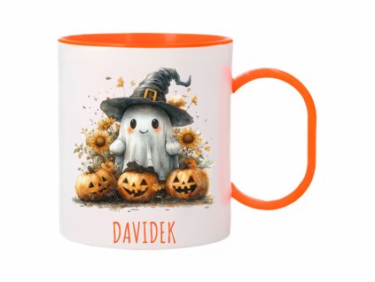 Plastový hrnek s motivem ducha mezi dýněmi a slunečnicemi, Halloween edice.