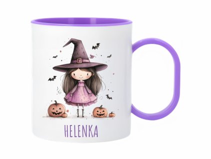 Plastový hrnek s motivem roztomilé čarodějnice, dýní a netopýrů, Halloween edice.