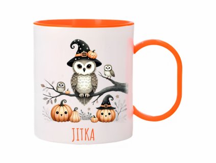 Plastový hrnek s motivem sov v kouzelnickém klobouku a dýní, Halloween edice.