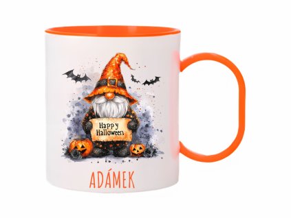 Plastový hrnek s motivem trpaslíka v kouzelnickém klobouku, dýněmi a nápisem „Happy Halloween“, Halloween edice.